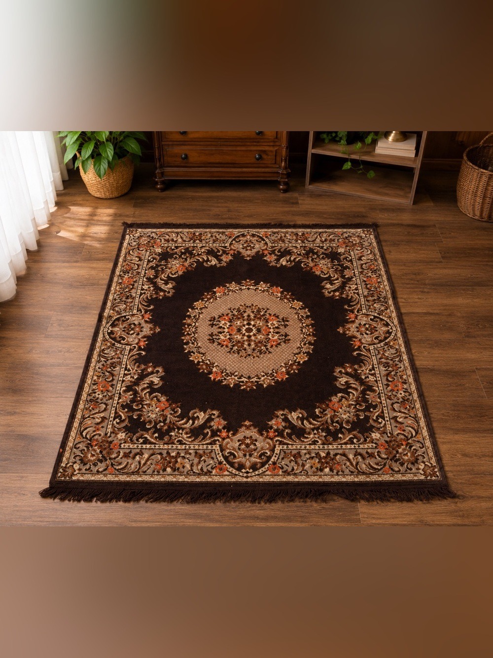 🤎 Vintage Floral Medallion Accent Rug with Fringe – Chocolate Brown & Warm Earth
